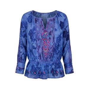 3J Workshop Blouse Blue Floral Embroidered Cotton Peplum Boho Small